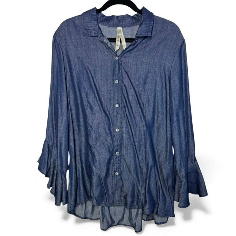 Liverpool Denim Ruffle Sleeve Button Up Top Size Large